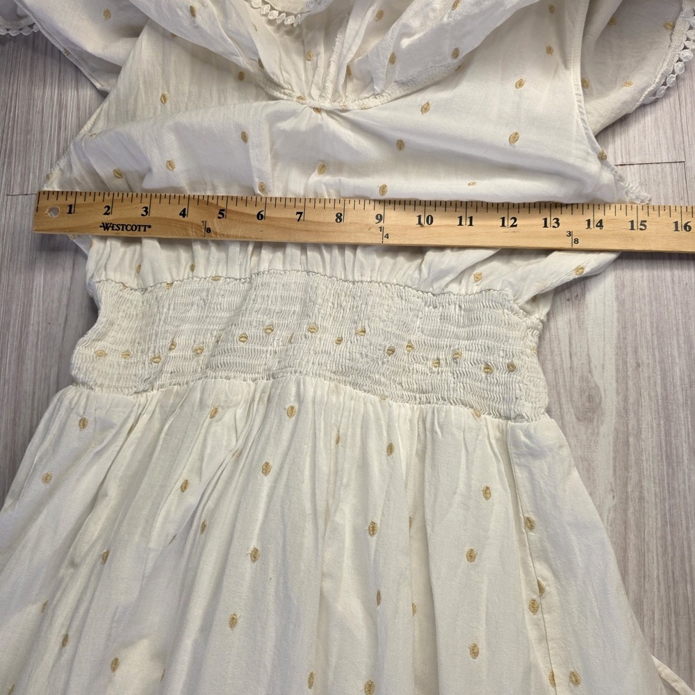 Zara White Yellow Polka Dot Midi Dress M Smocked Waist Cottagecore Cape Neckline - Picture 8 of 9